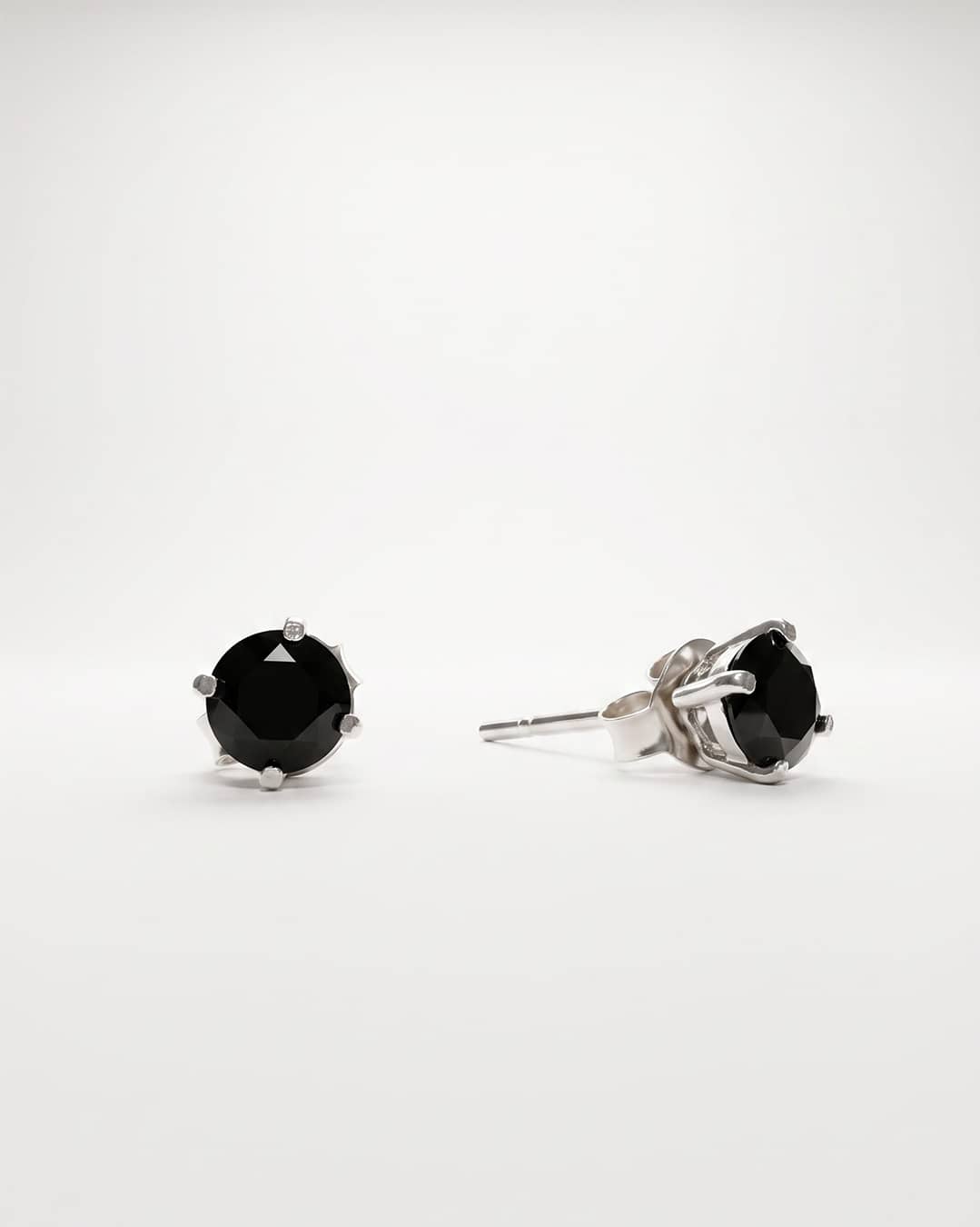 Black CZ Solitaire Silver Stud Earrings - white background detail view - Hardik Jewels