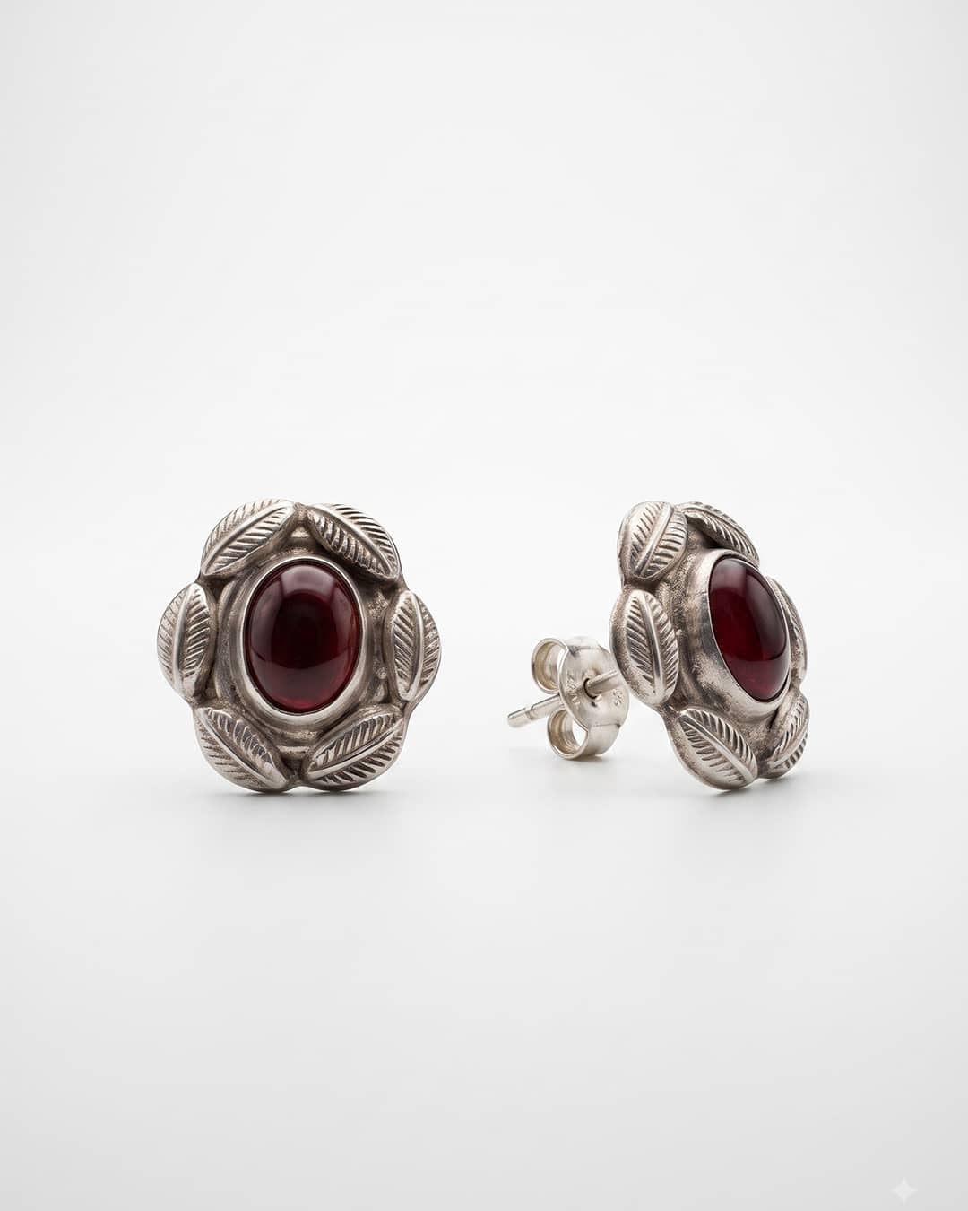 Vintage Red Stone Leaf Frame Silver Stud Earrings - white background detail view - Hardik Jewels