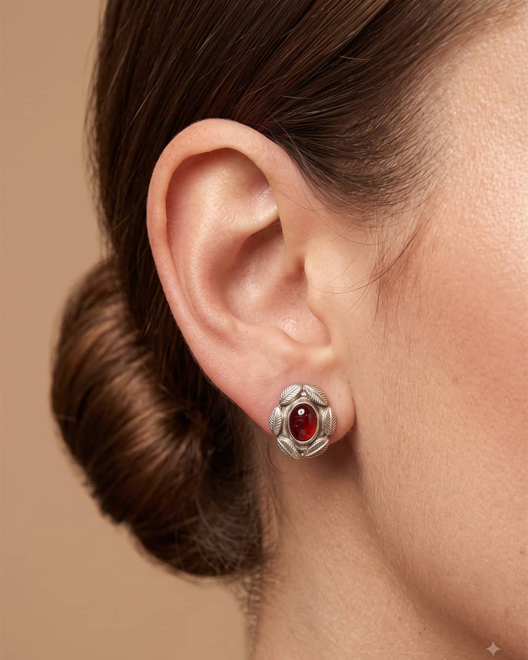 Vintage Red Stone Leaf Frame Silver Stud Earrings - ear styling view - Hardik Jewels