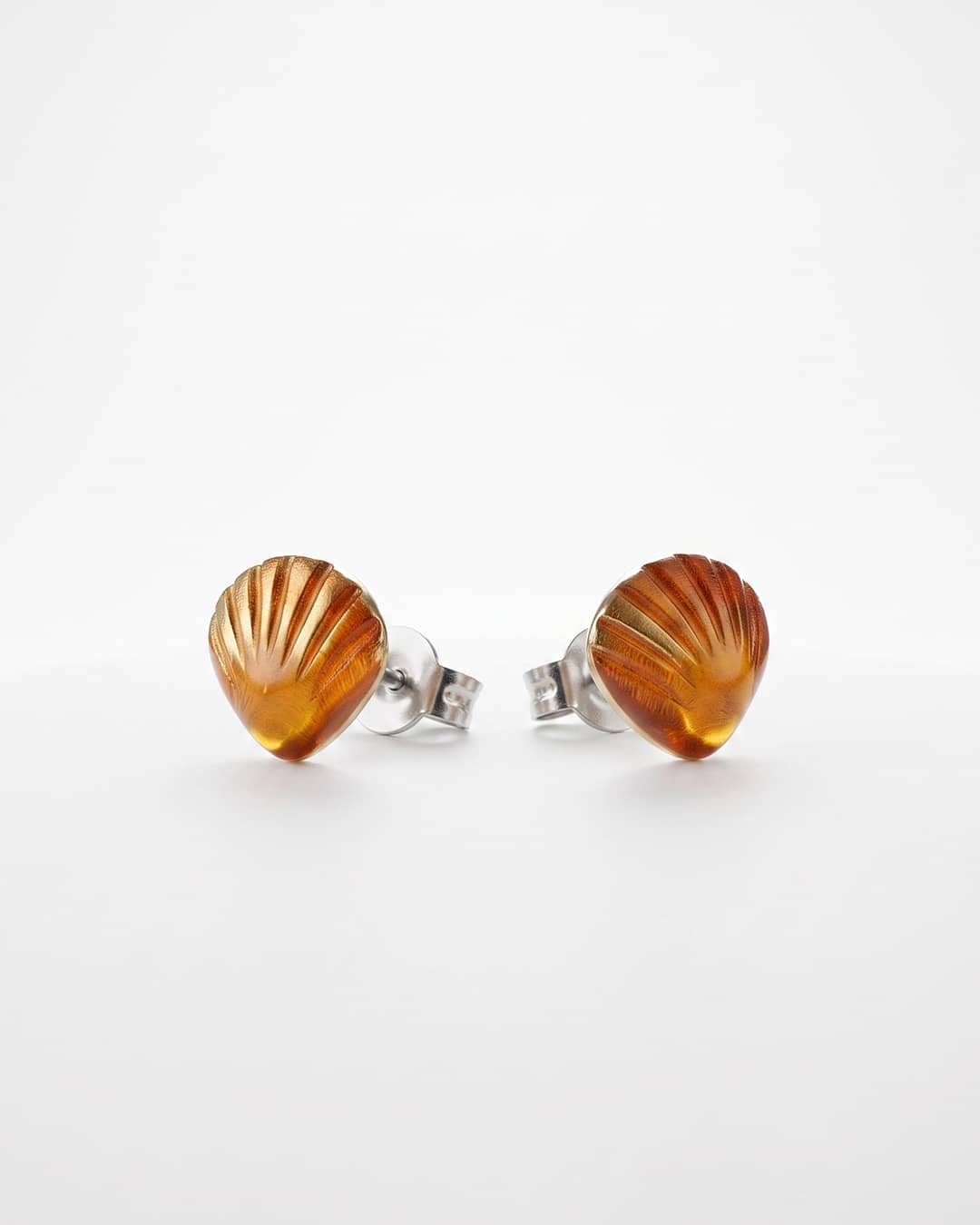Orange Shell Enamel Silver Stud Earrings - white background detail view - Hardik Jewels
