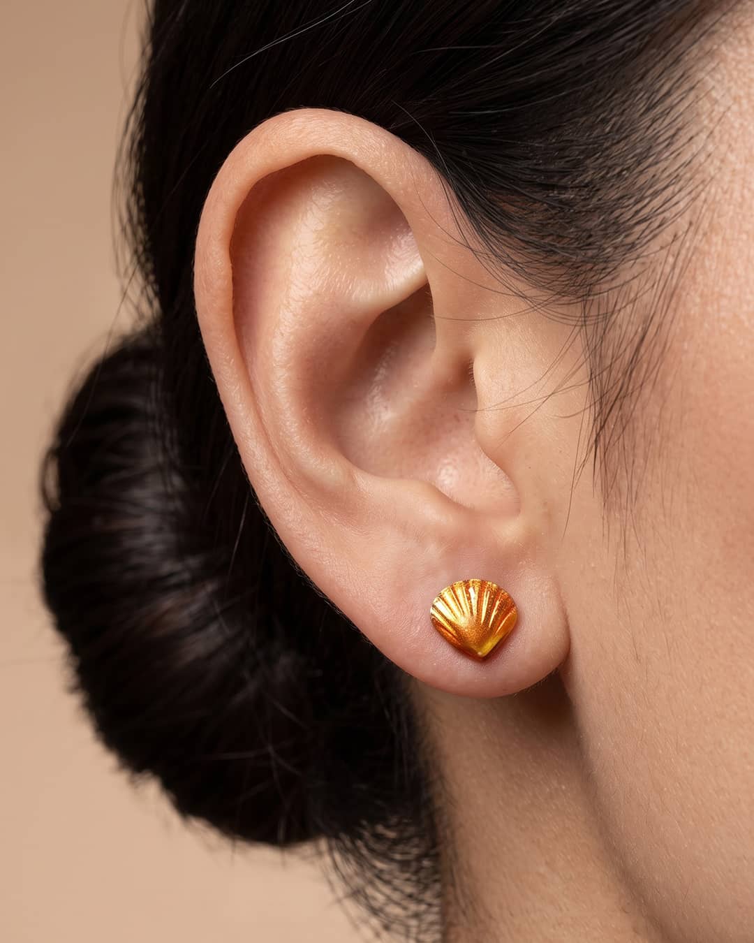 Orange Shell Enamel Silver Stud Earrings - ear styling view - Hardik Jewels