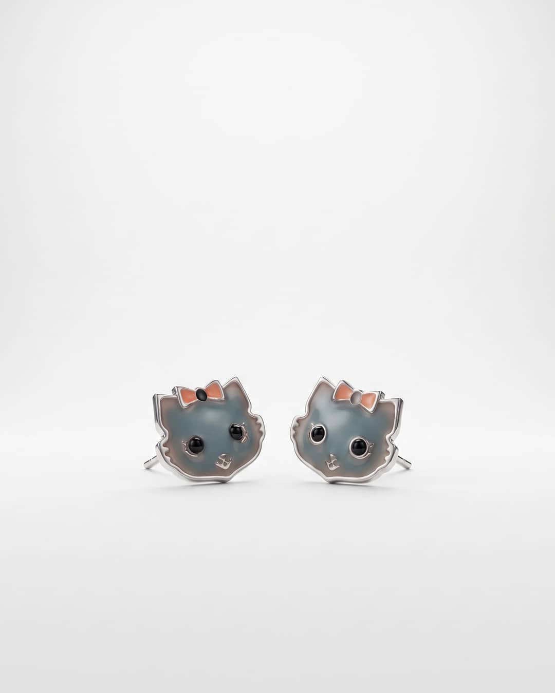 Black Cat Bow Enamel Silver Stud Earrings - white background detail view - Hardik Jewels