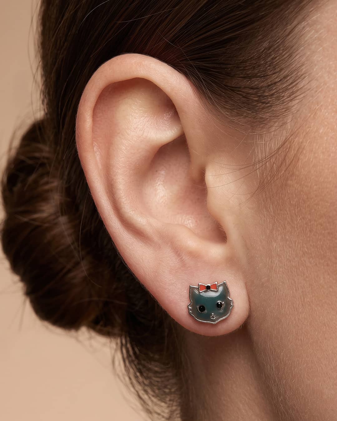 Black Cat Bow Enamel Silver Stud Earrings - ear styling view - Hardik Jewels