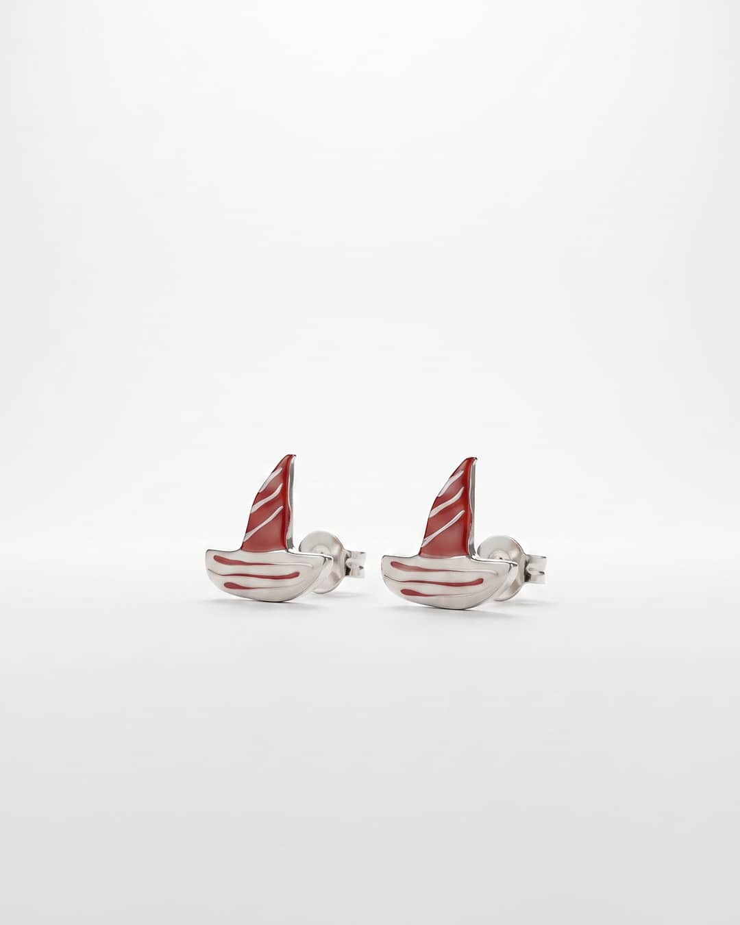 Red Sailboat Enamel Silver Stud Earrings - white background detail view - Hardik Jewels