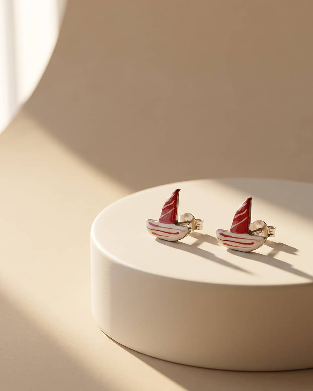 Red Sailboat Enamel Silver Stud Earrings - premium jewellery display - Hardik Jewels