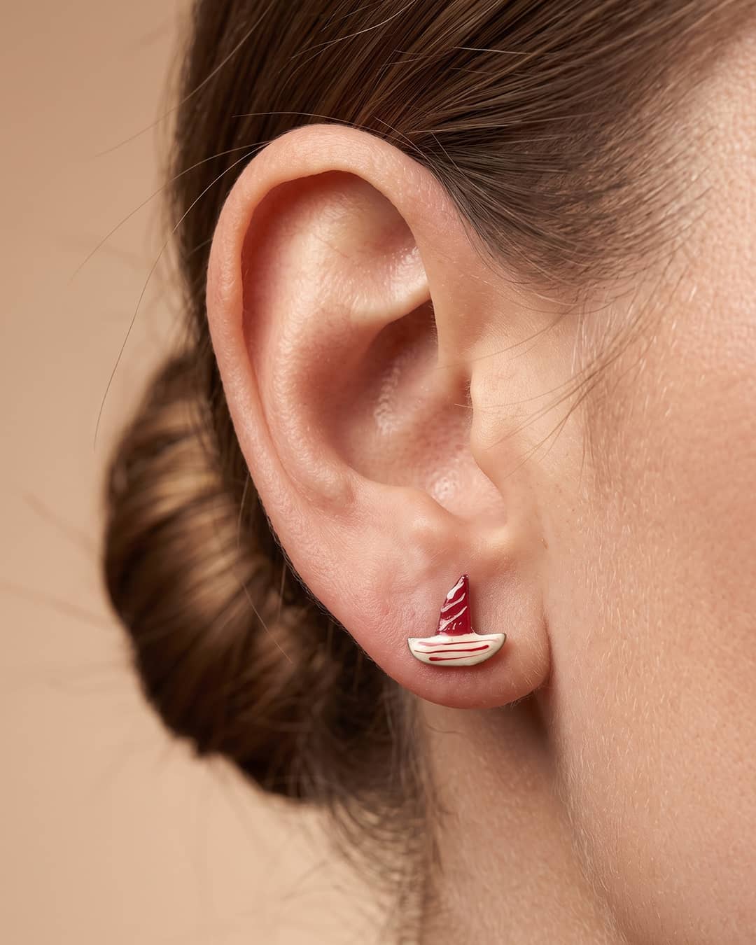 Red Sailboat Enamel Silver Stud Earrings - ear styling view - Hardik Jewels