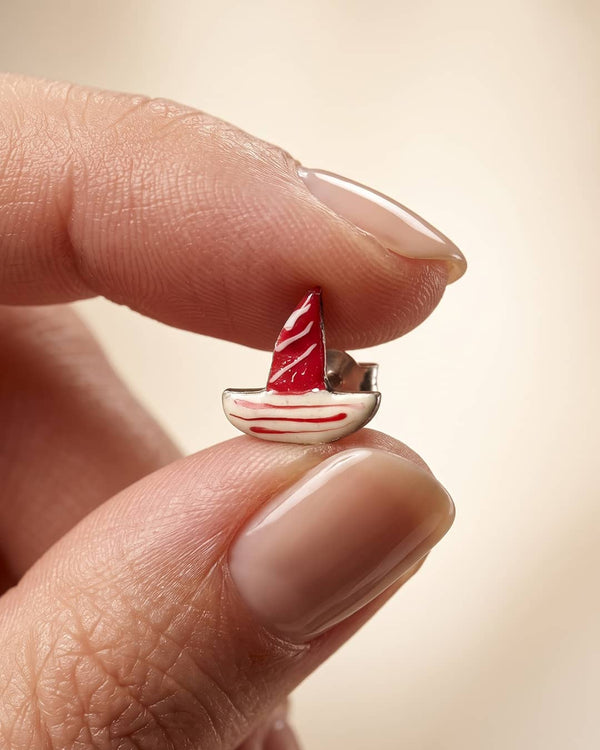 Red Sailboat Enamel Silver Stud Earrings
