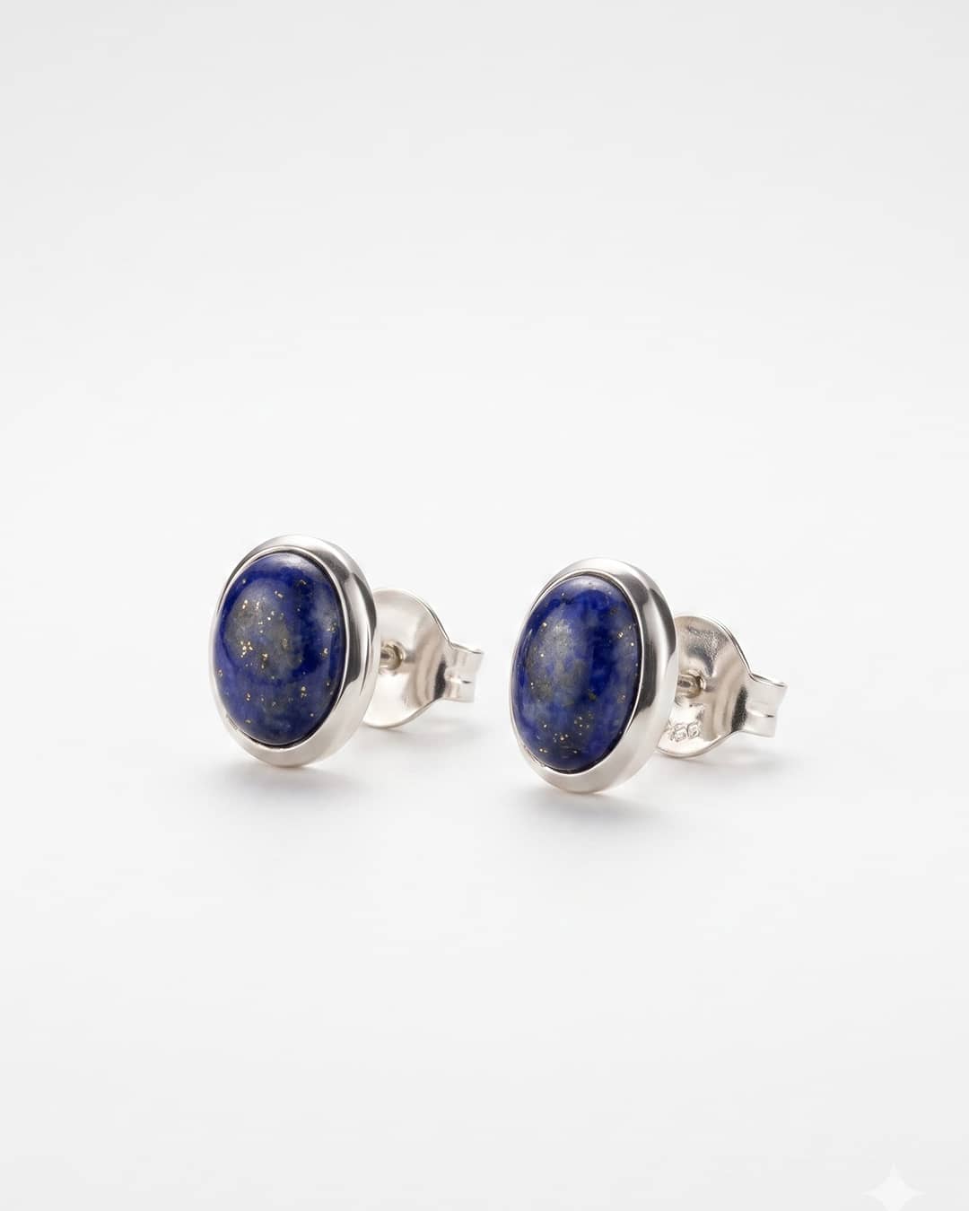 Lapis Lazuli Oval 92.5 Silver Stud Earrings - white background detail view - Hardik Jewels