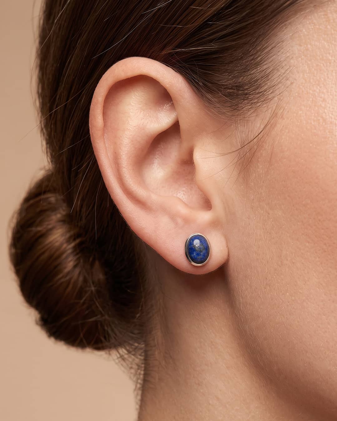 Lapis Lazuli Oval 92.5 Silver Stud Earrings - ear styling view - Hardik Jewels