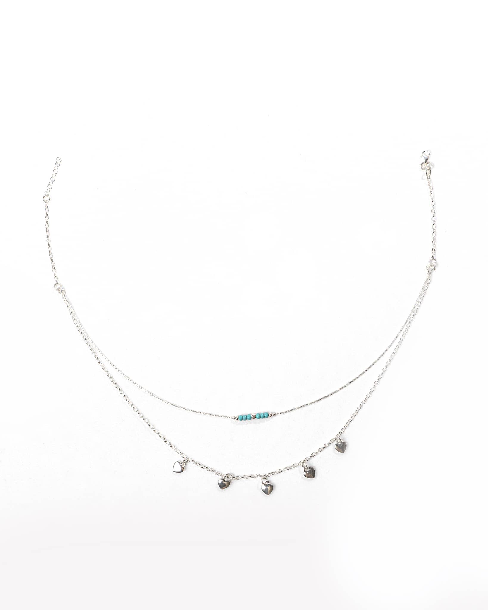 92.5 Sterling Silver Double Layer Heart Charm Necklace | Turquoise Bead Accent