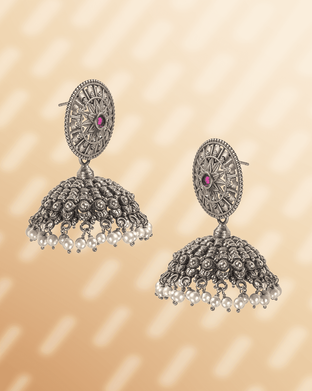 Oxidized 925 Sterling Silver Chakra Jhumka Earrings with Pink Stone & Pearls
