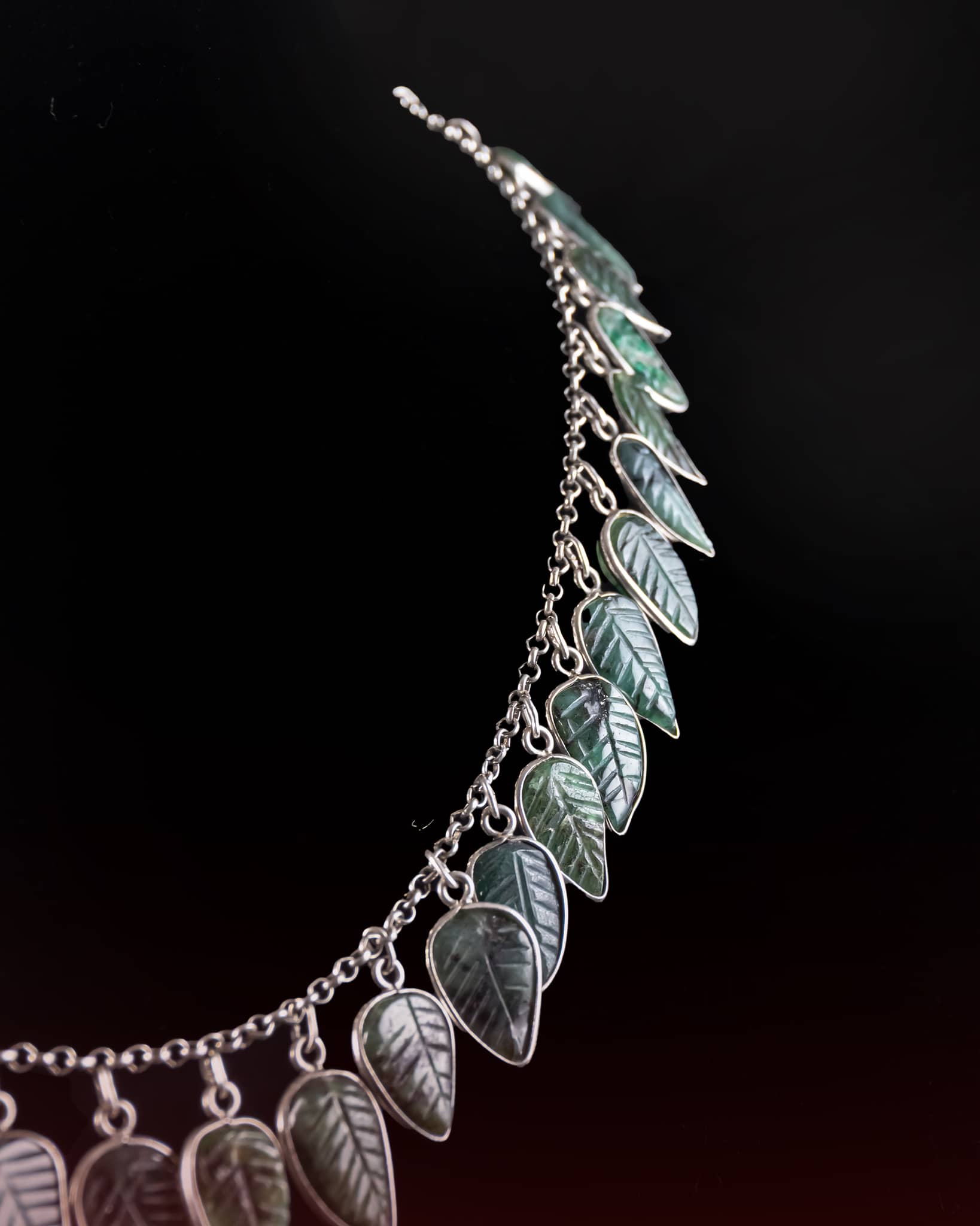 92.5 Sterling Silver Real Emerald Carved Leaf Necklace | Precious Gemstone Foliage Haar