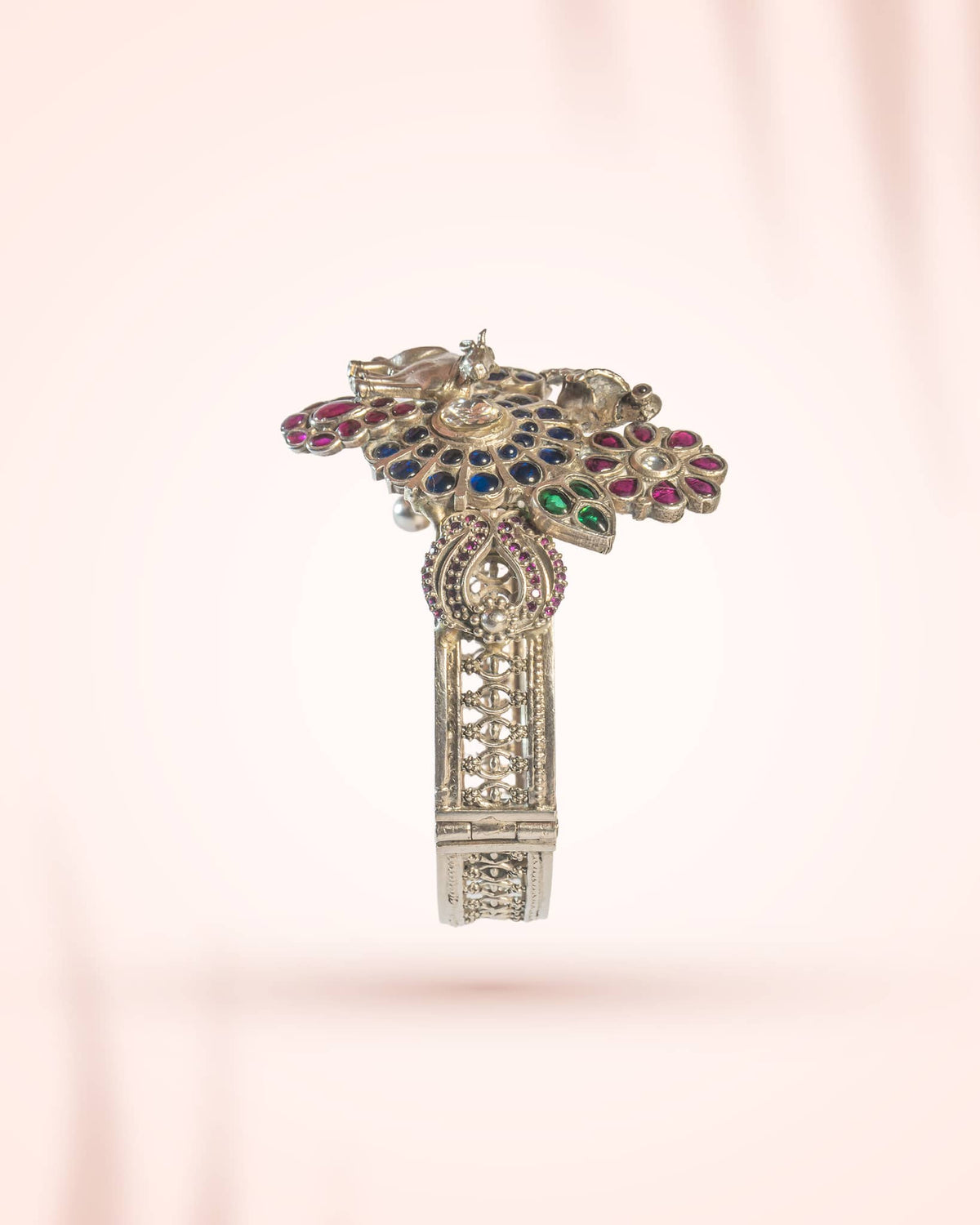 92.5 Sterling Silver Gau Mata & Bird Jadau Bangle | Vrindavan Theme Antique Kada