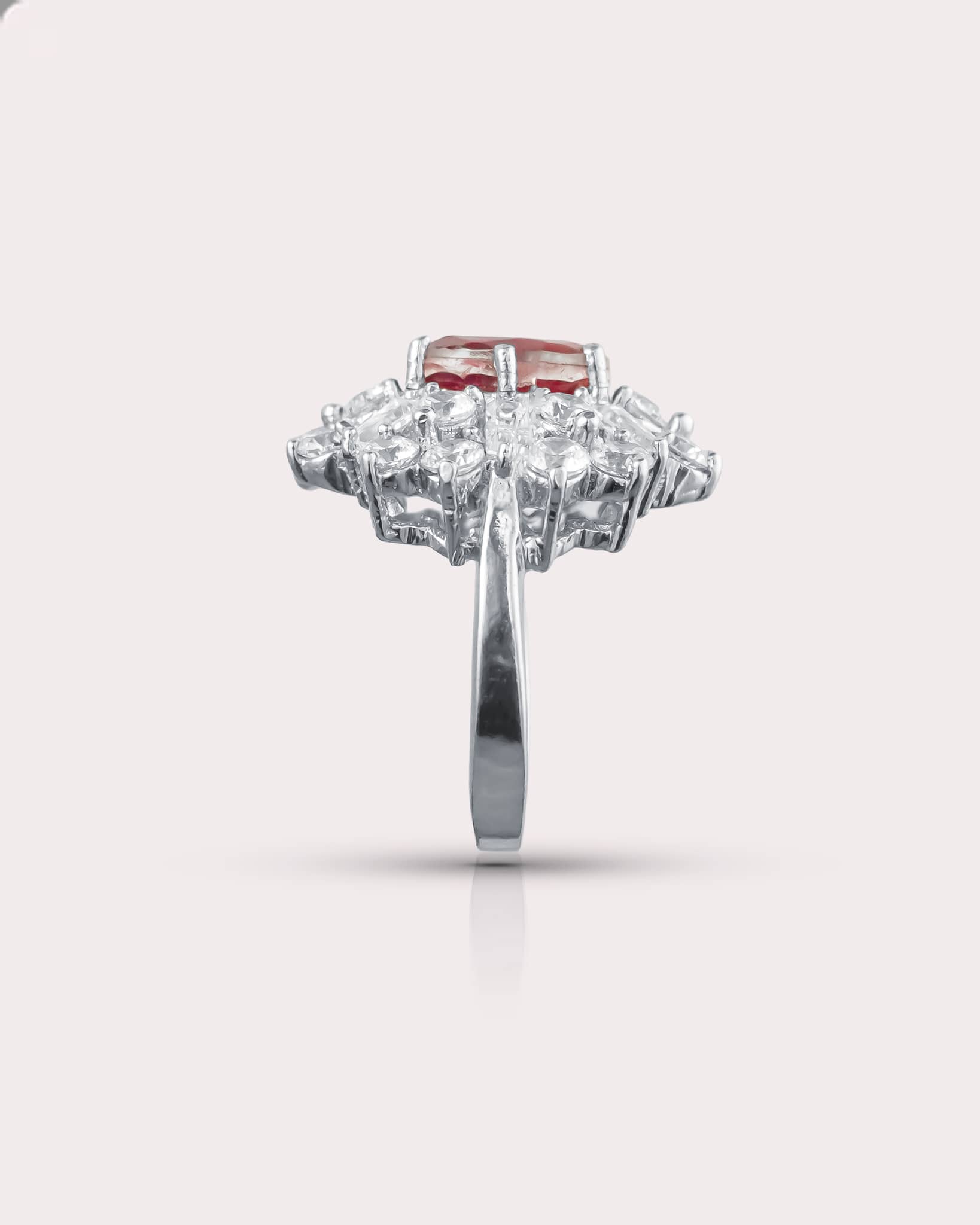 92.5 Sterling Silver Ruby CZ Cocktail Ring | Vintage Diamond Halo Cluster