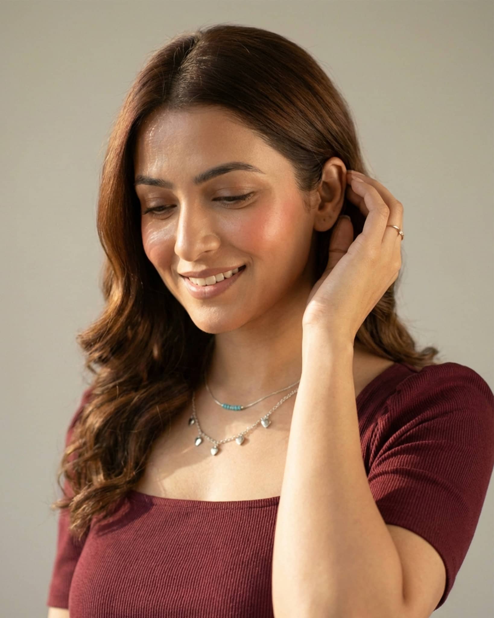 92.5 Sterling Silver Double Layer Heart Charm Necklace | Turquoise Bead Accent