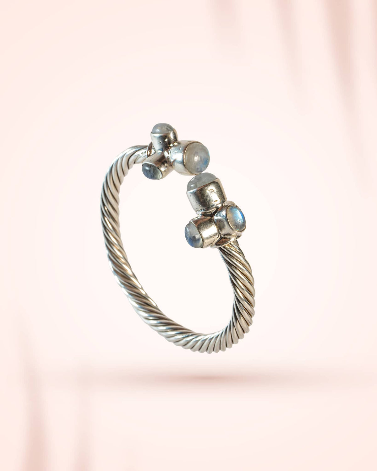 92.5 Sterling Silver Twisted Rope Cuff with Natural Moonstones | Triple Stone Adjustable Bangle