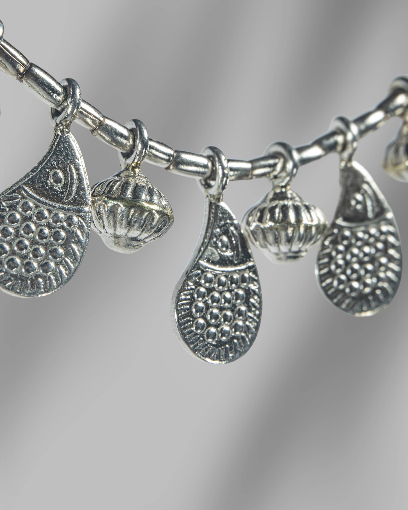 Oxidized 925 Sterling Silver Tribal Necklace with Textured Charms | Boho Beaded Choker