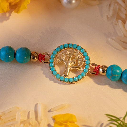 Hardik Jewels Tree of Life Rakhi Silver with Turquoise Beads.