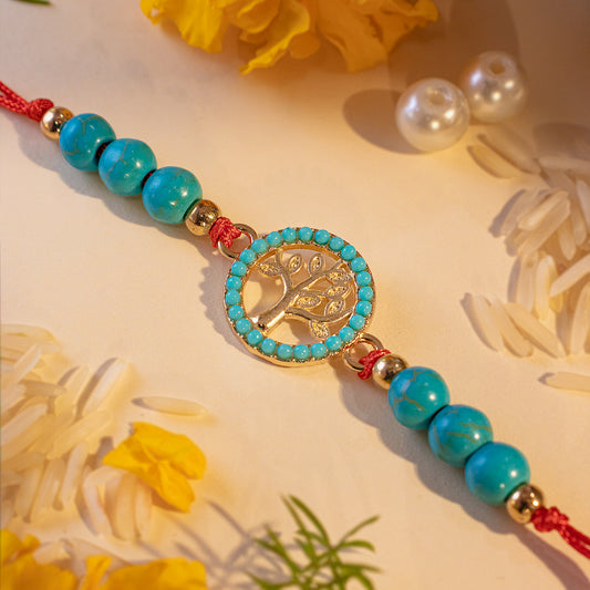 Hardik Jewels Tree of Life Rakhi Silver with Turquoise Beads.
