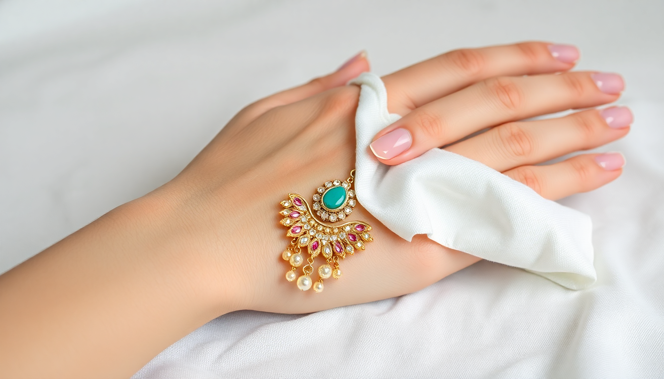 A hand cleaning delicate Polki jewelry with a soft cloth