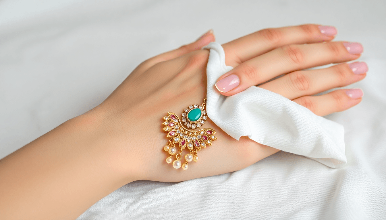 A hand cleaning delicate Polki jewelry with a soft cloth