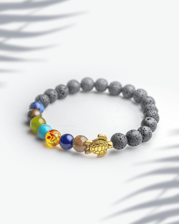 7 Chakra Healing Lava Stone Bracelet with Golden Turtle Charm | Sapt Chakra Reiki Jewelry