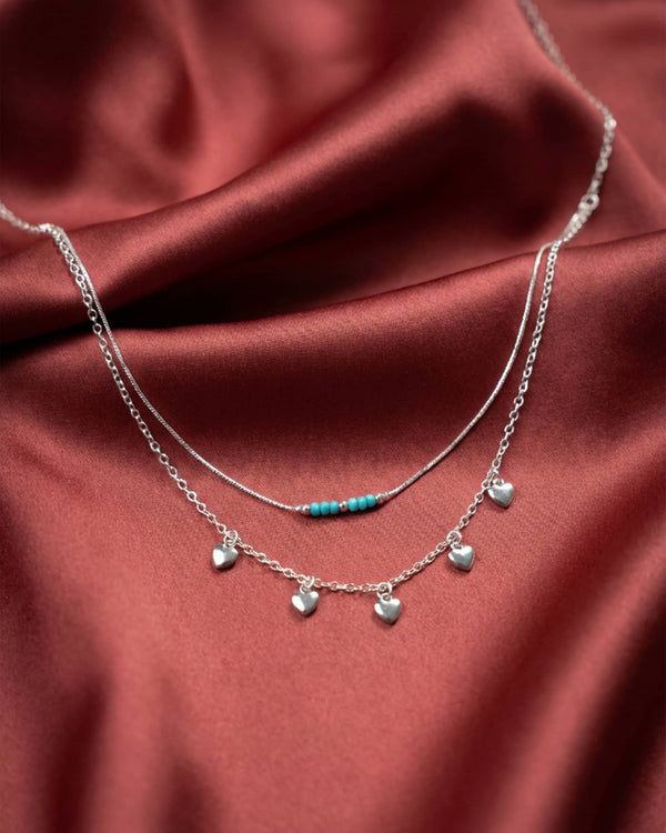 92.5 Sterling Silver Double Layer Heart Charm Necklace | Turquoise Bead Accent