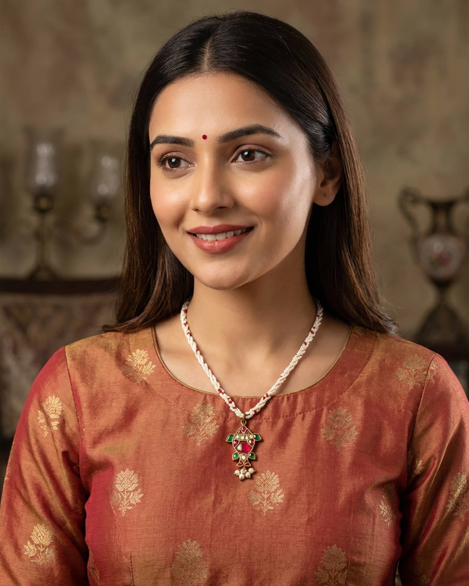 92.5 sterling silver gold plated matsya fish pendant necklace with kundan and twisted pearl chain.