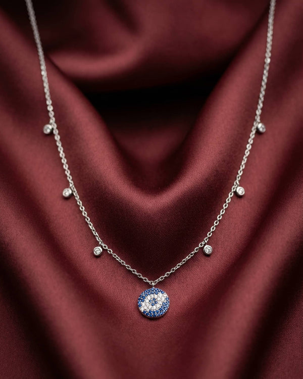 92.5 Sterling Silver Round Pave Evil Eye Necklace | Blue CZ Disc Station Chain