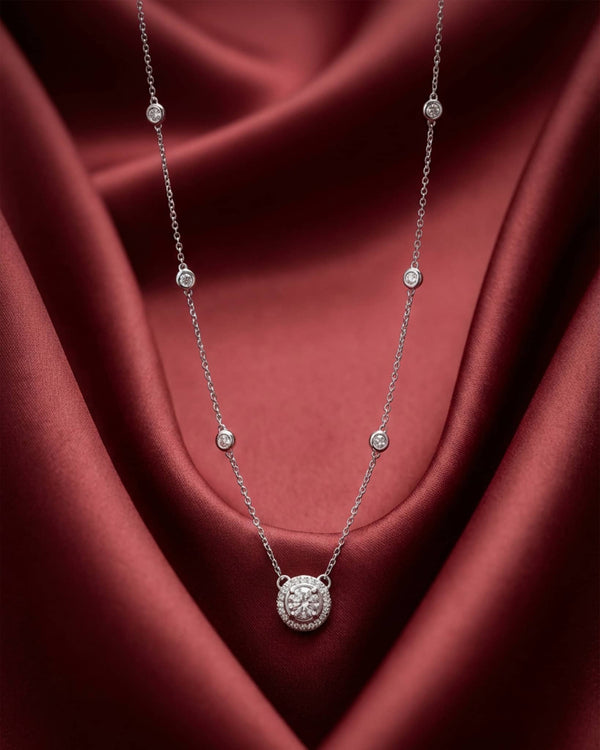 92.5 Sterling Silver Solitaire Halo Station Necklace | Round CZ Diamond Chain