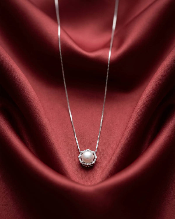 92.5 Sterling Silver Pearl & American Diamond Geometric Halo Necklace | Modern AD Pendant