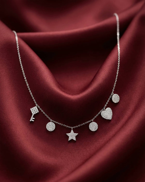 92.5 Sterling Silver Multi-Charm Necklace | CZ Key, Star, Heart & Disc Dangles