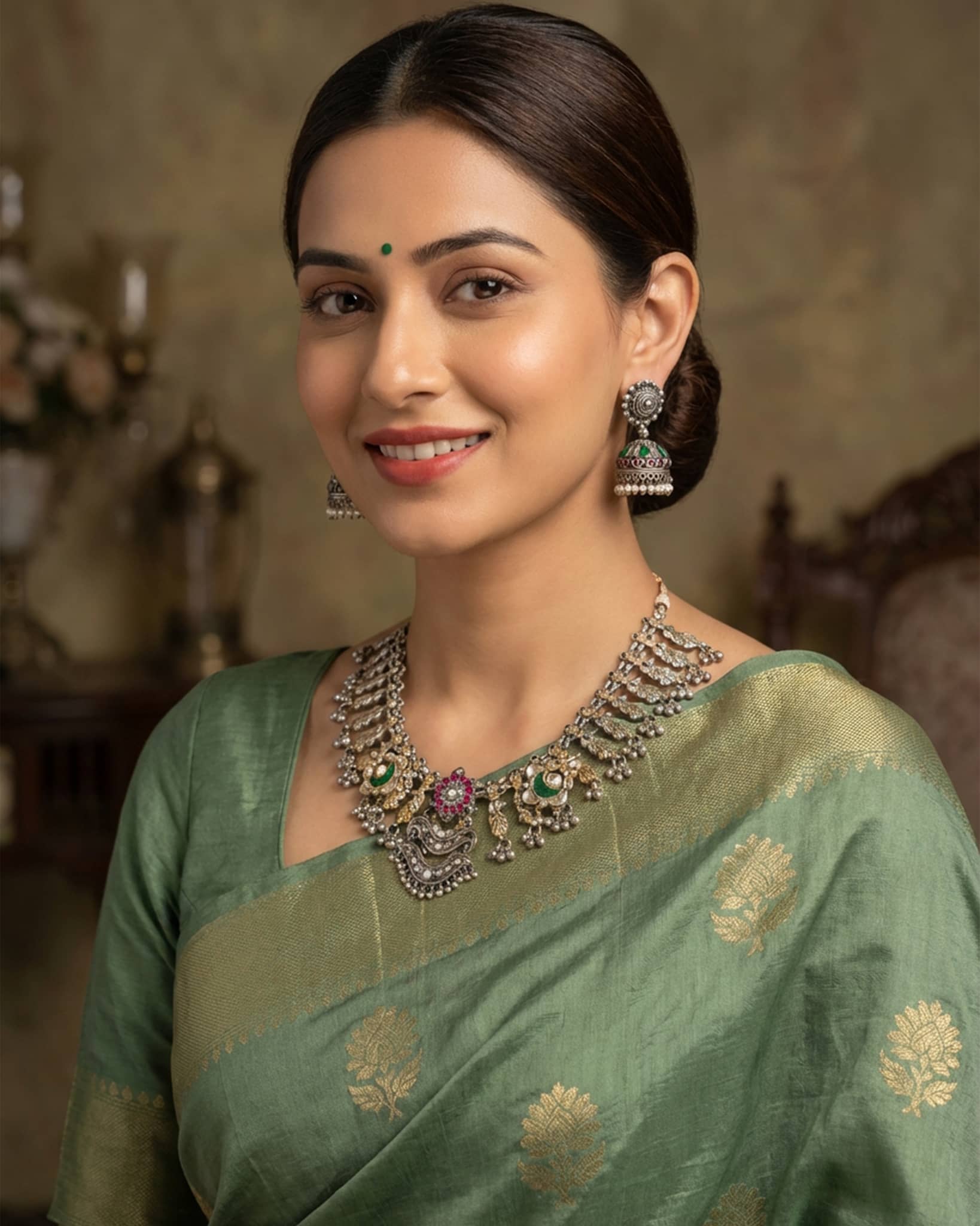 92.5 sterling silver oxidized bridal necklace set with peacock design, kundan stones, and matching jhumka earrings.