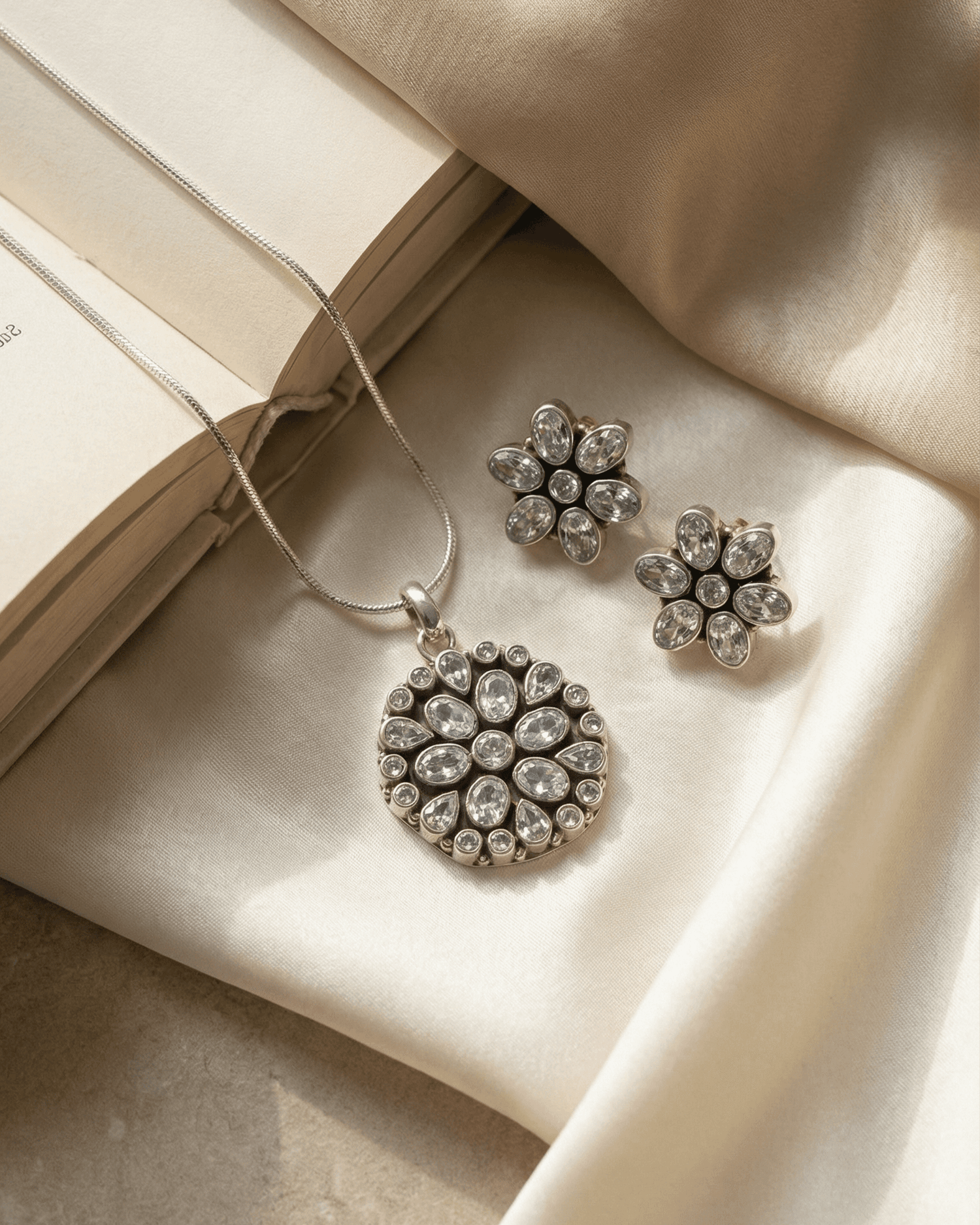 92.5 Sterling Silver Oxidized AD Floral Pendant Set | Stud Earrings (Chain Not Included)