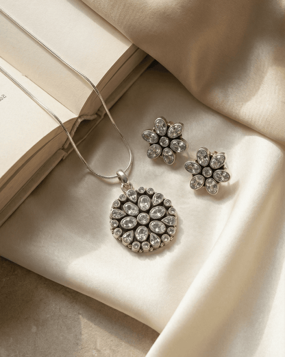 92.5 Sterling Silver Oxidized AD Floral Pendant Set | Stud Earrings (Chain Not Included)