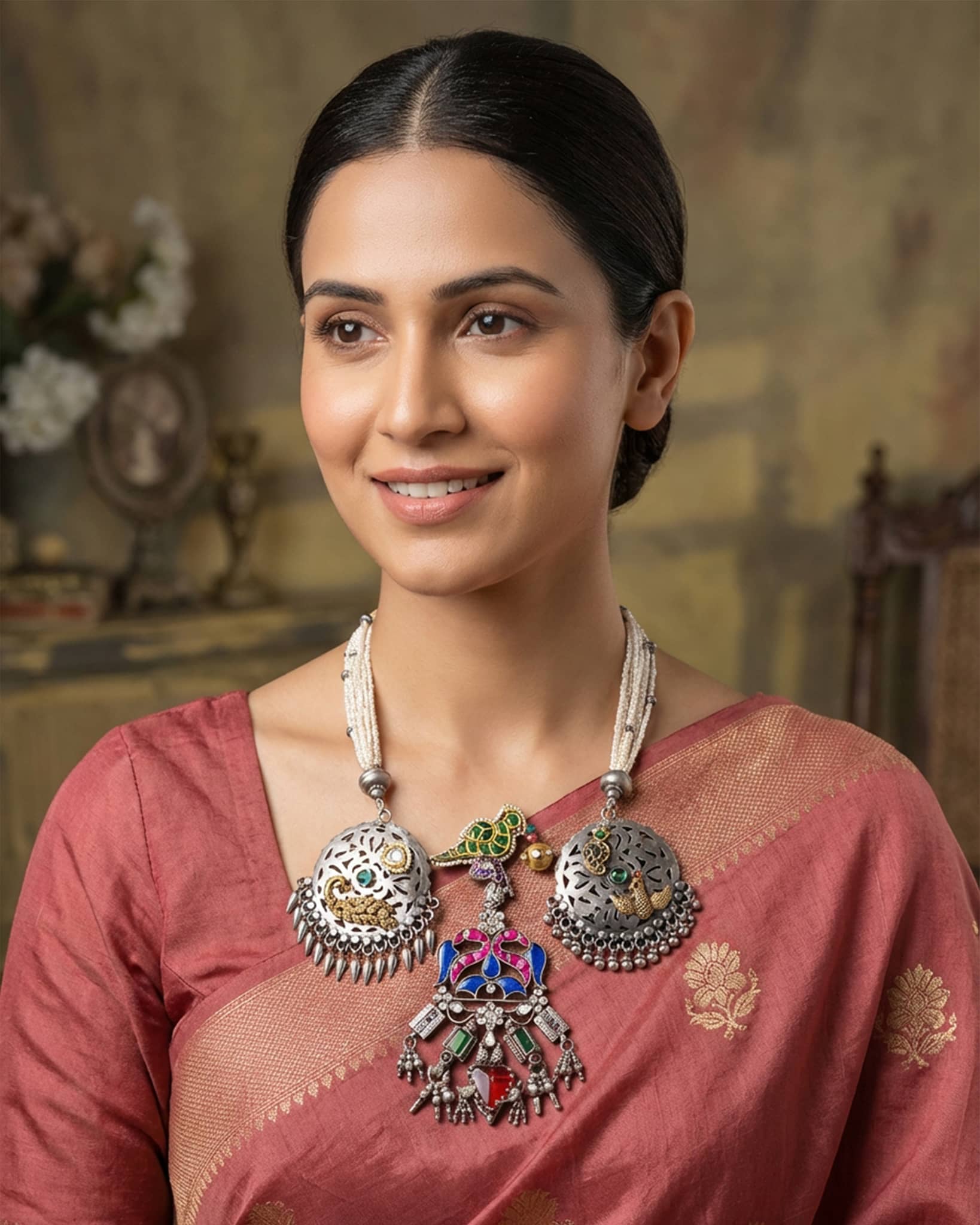 92.5 sterling silver statement necklace with pearls, dual tone peacock motifs, and colorful enamel work.