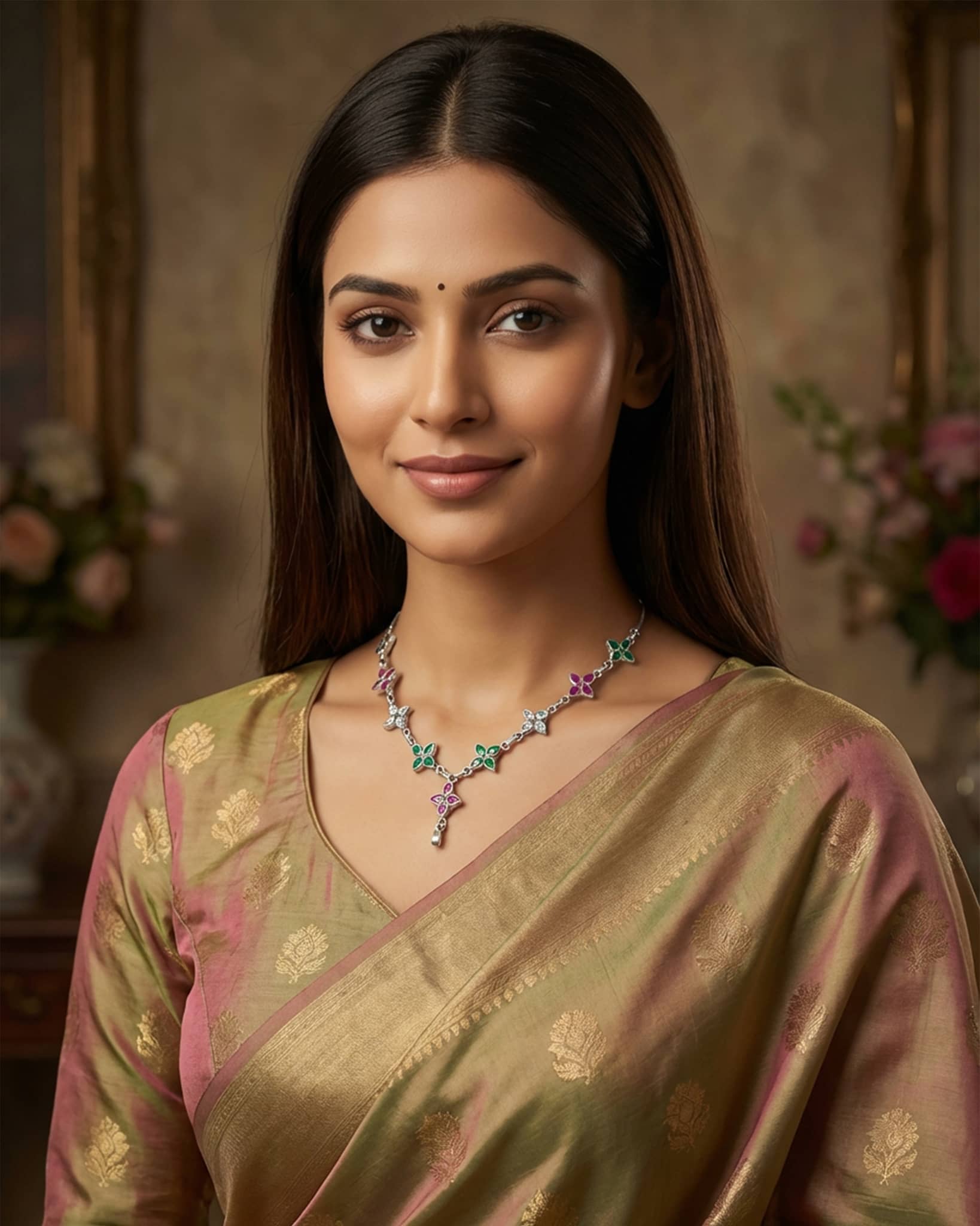 92.5 sterling silver station necklace featuring delicate floral motifs with pink and green stones.