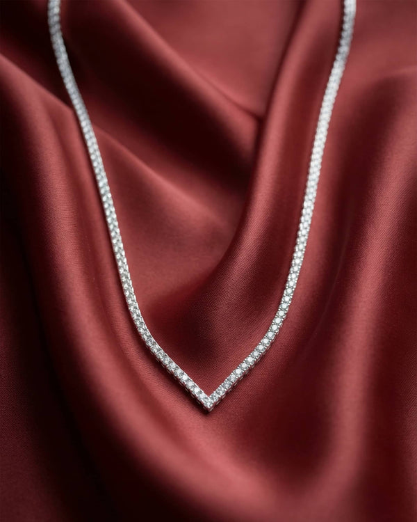 92.5 Sterling Silver Princess Cut V-Shape Tennis Necklace | Modern Chevron CZ Collar