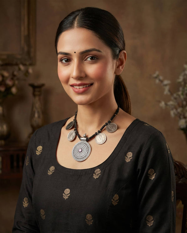 92.5 Sterling Silver Tribal Coin Necklace | Black Thread Dori Statement Pendant