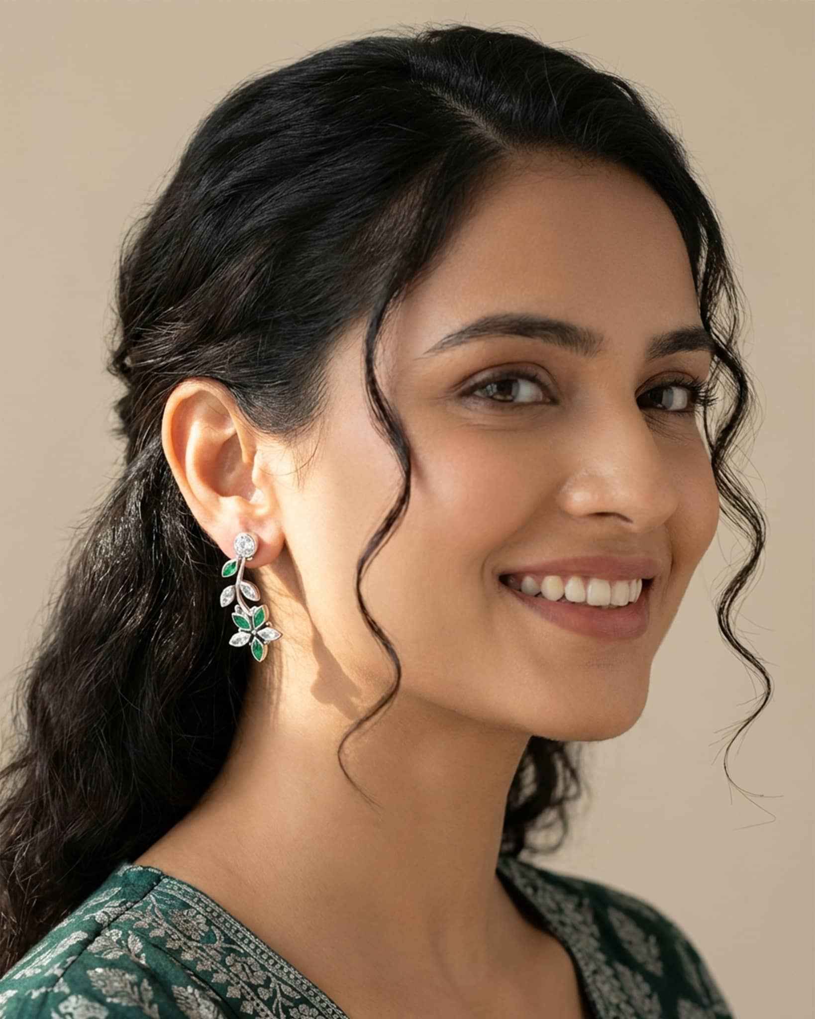 92.5 Sterling Silver Floral Vine Drop Earrings | Green & Clear CZ Sparkle