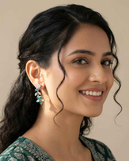 92.5 Sterling Silver Floral Vine Drop Earrings | Green &amp; Clear CZ Sparkle