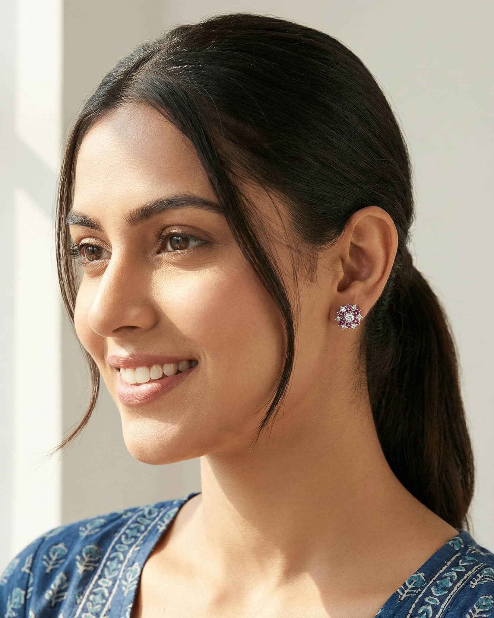 92.5 Sterling Silver Ruby Pink & Clear CZ Floral Studs | Sunburst Halo