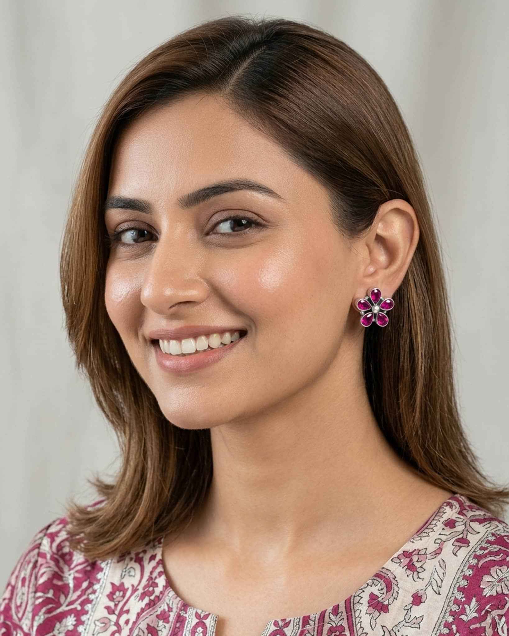 92.5 Sterling Silver Ruby Pink Floral Studs | 5-Petal Bezel Design