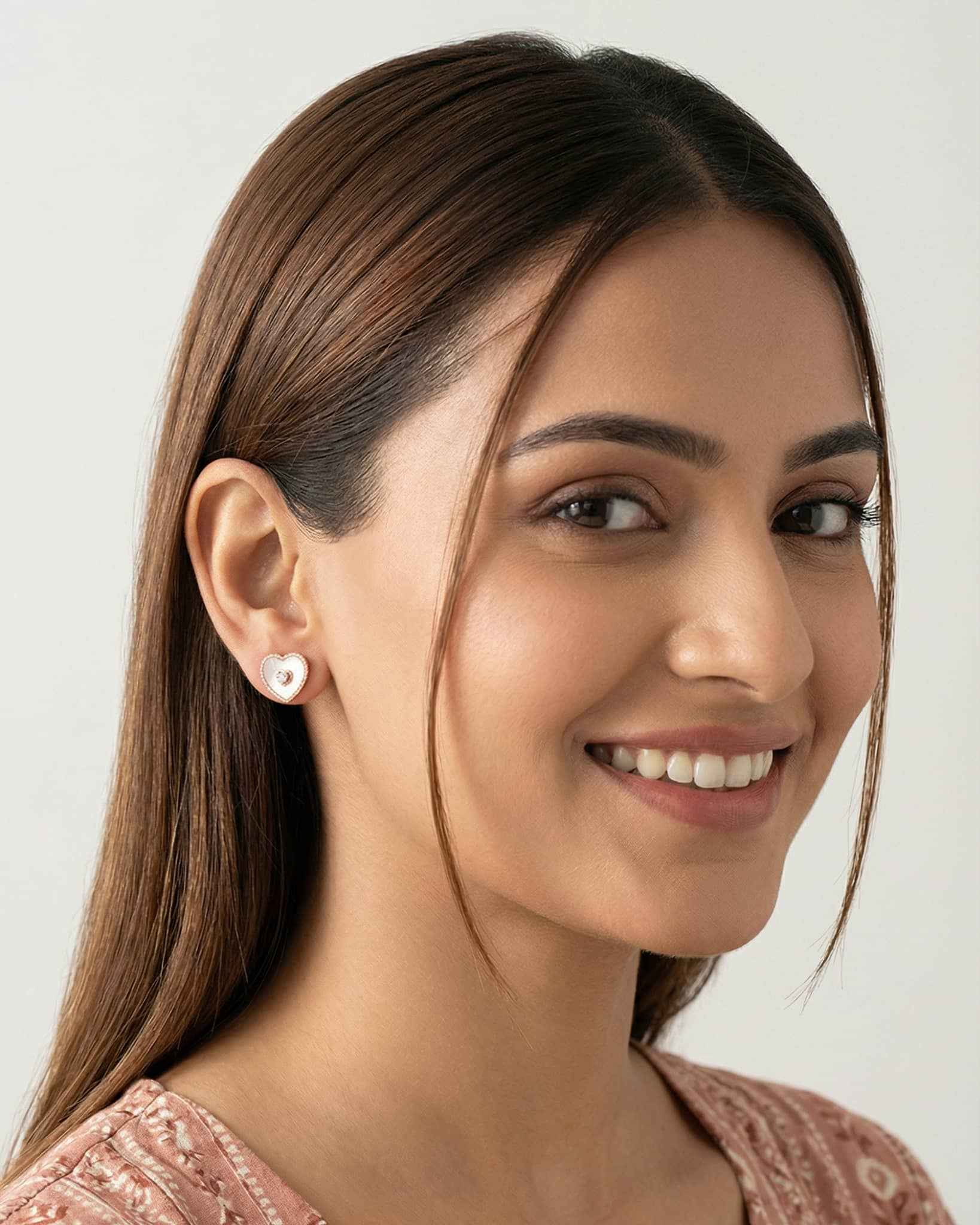 92.5 Silver Rose Gold Heart Studs | Mother of Pearl & CZ Sparkle