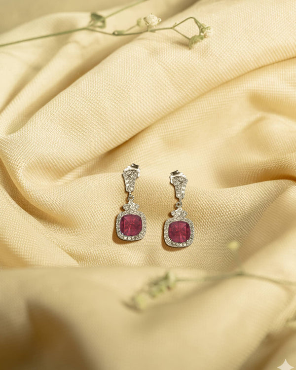 925 Sterling Silver Square Ruby Halo Earrings | Cushion Cut American Diamond Drop