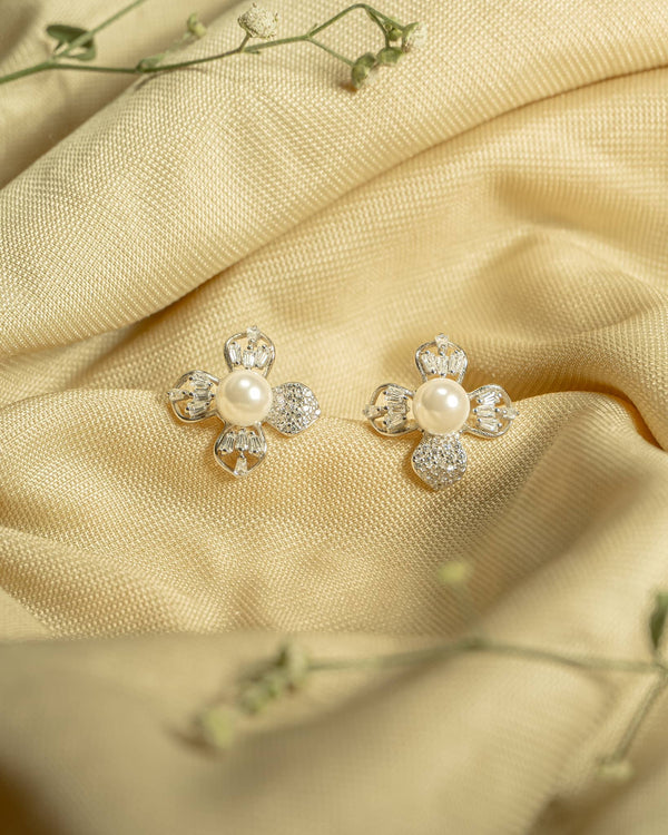 925 Sterling Silver Pearl & AD Geometric Floral Studs | Baguette & Round CZ Design
