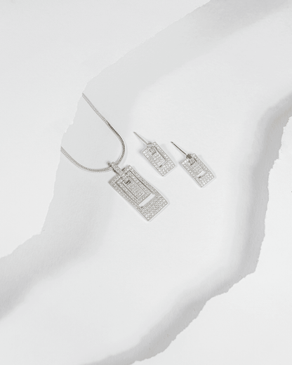 925 sterling silver geometric rectangular pendant and earring set studded with cubic zirconia stones (chain not included).