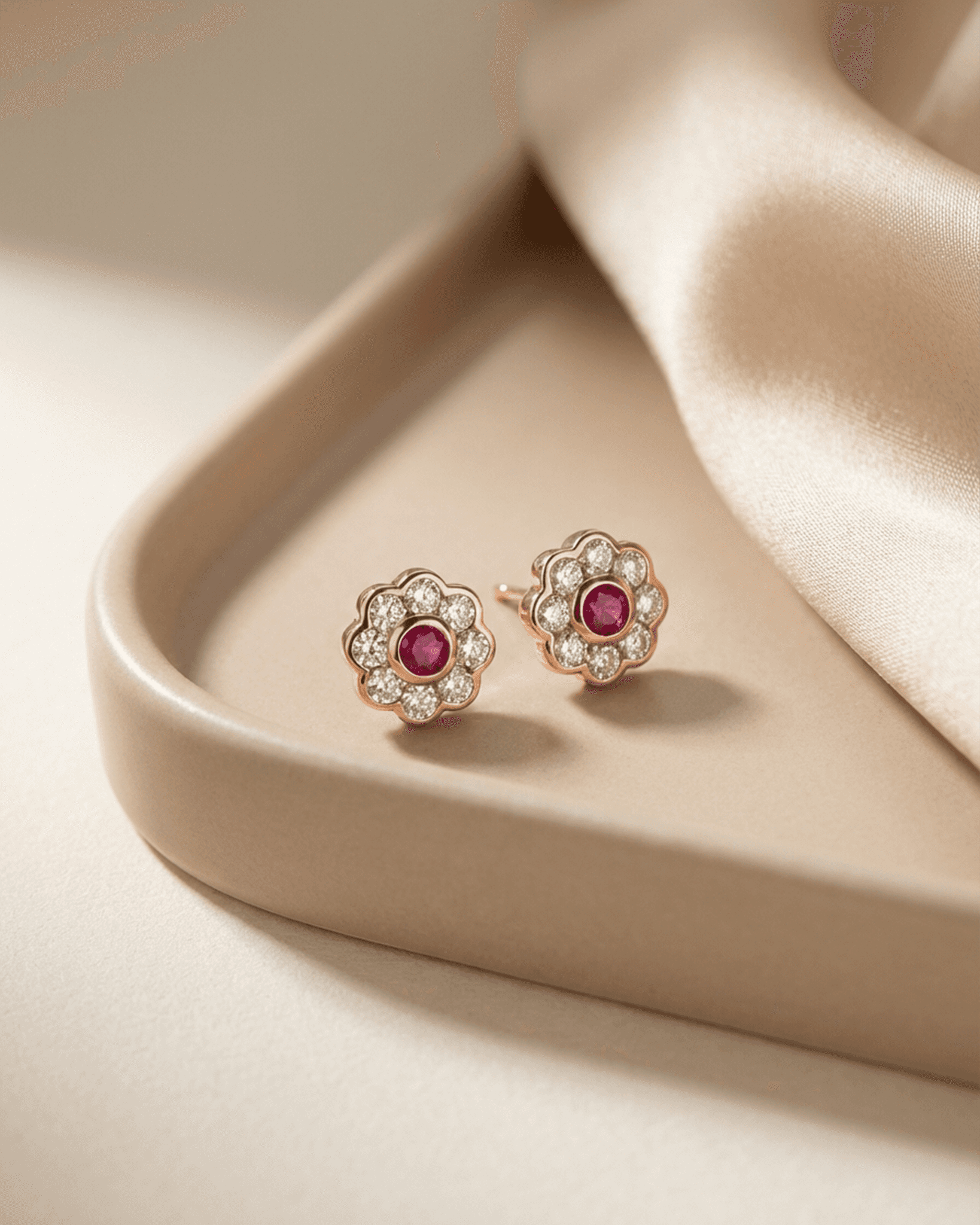 92.5 Sterling Silver Rose Gold Ruby Floral Pendant Set | CZ Halo Studs (Chain Not Included)