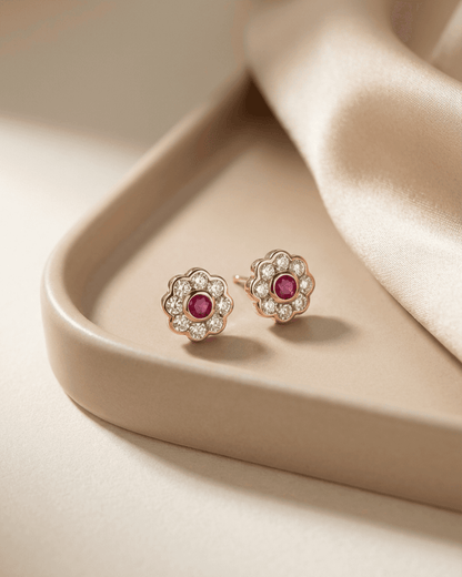 92.5 Sterling Silver Rose Gold Ruby Floral Pendant Set | CZ Halo Studs (Chain Not Included)