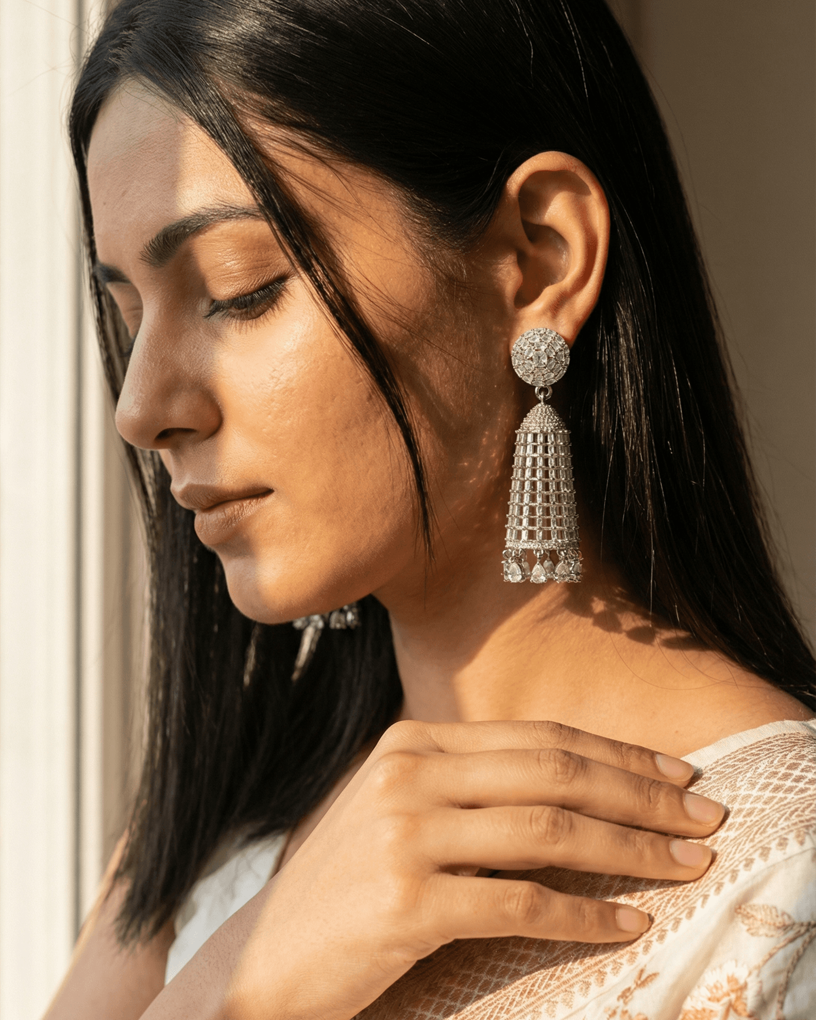 92.5 Sterling Silver Baguette CZ Long Jhumka Earrings | Modern Diamond-Look Bell Drops